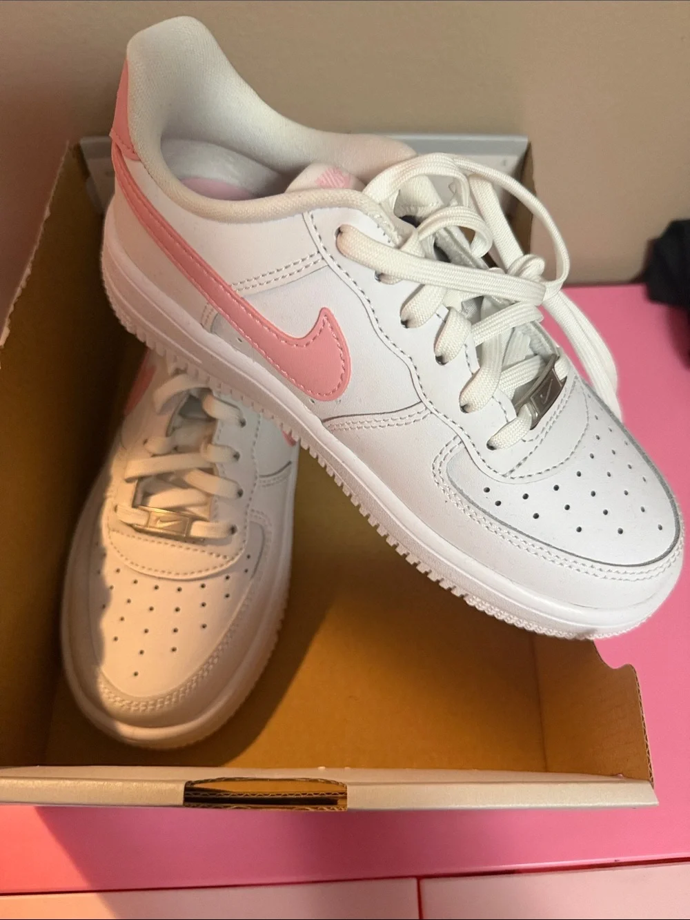 Nike Kids White Sneakers with Pink Swoosh